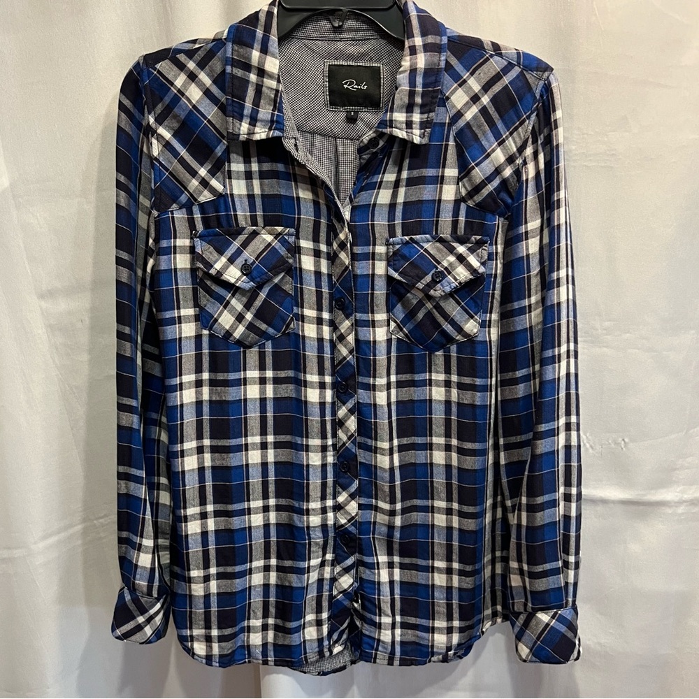 Rails Long Sleeve Button Down Blue Plaid Rayon Blend Size Small